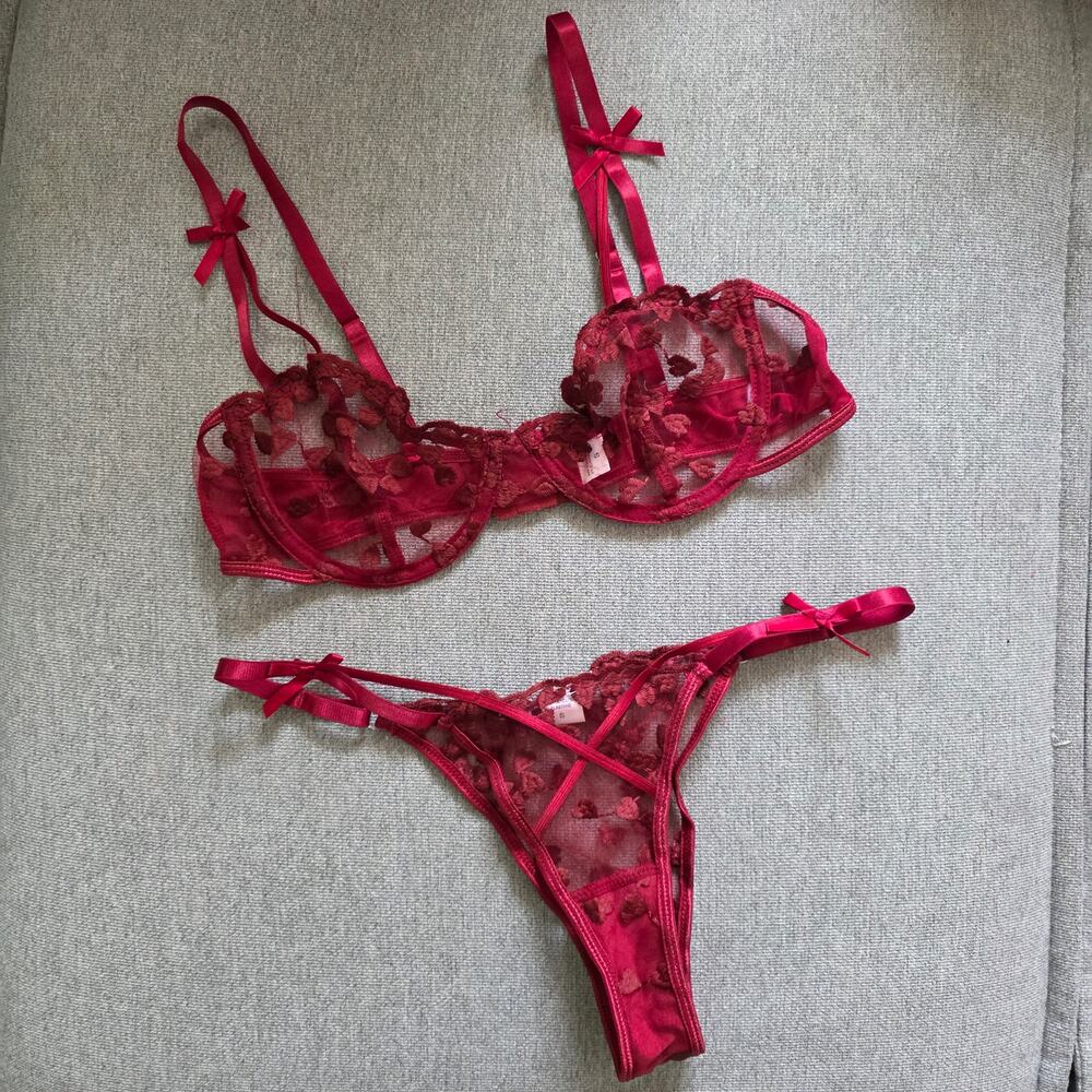 NWOT burgundy sz Sm floral mesh lace lingerie set; underwired bra and panties